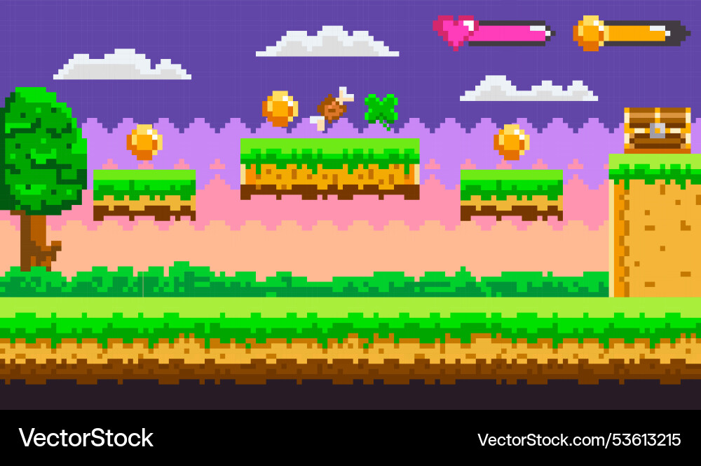 Pixel art game level with floating platforms Pixel art game level with floating platforms vector image