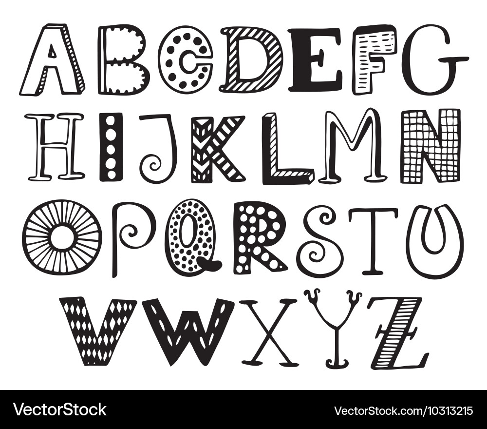 Whimsical Doodle Alphabet Buchstaben Vektorbild