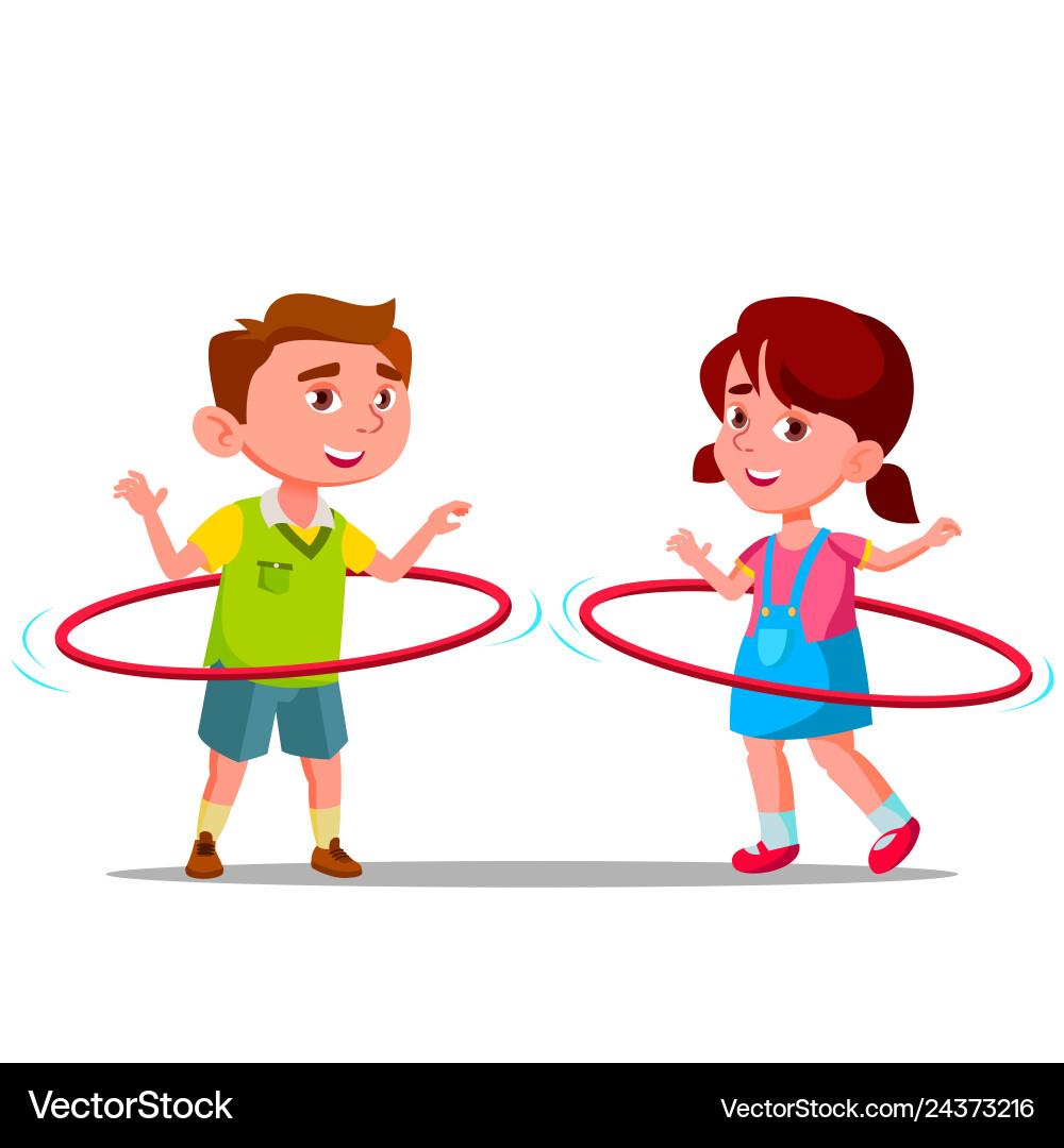 Little boy and girl twirling colored huha hoops Little boy and girl twirling colored huha hoops vector image