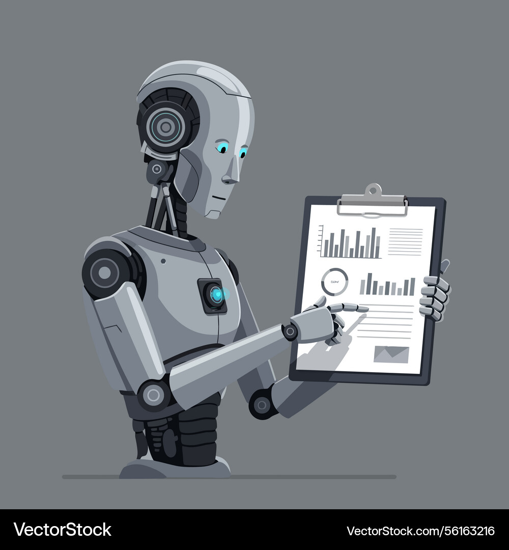 Robot analyzing data with clipboard in minimal Robot analyzing data with clipboard in minimal Vector Image