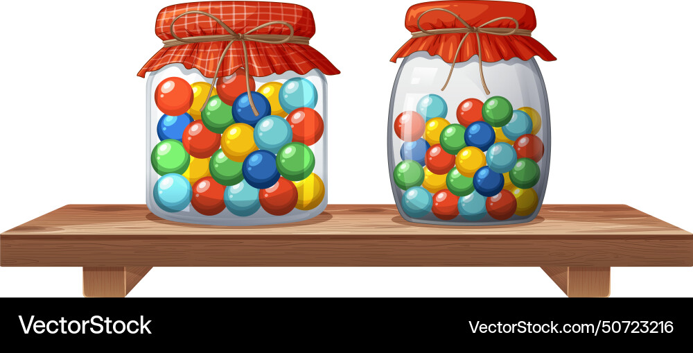 Two jars filled with multicolored candies on shelf vector image