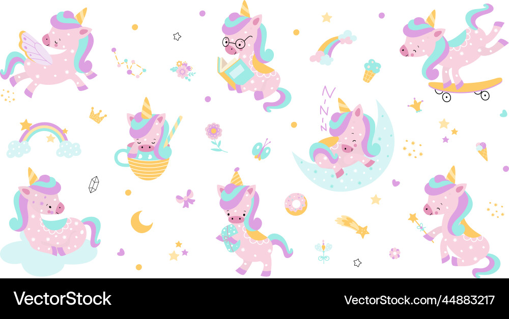 Adorable Unicorns in Rainbow Magic vector image