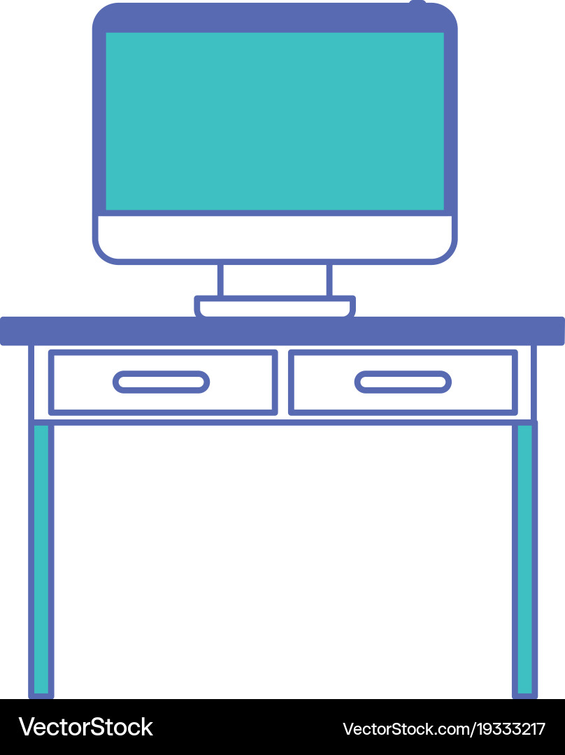 Desk table with drawers and desktop computer above vector image