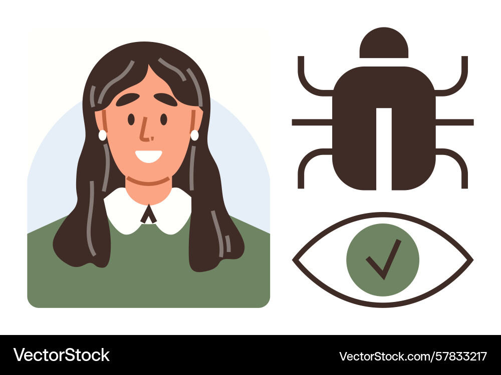 Female programmer monitoring bugs and verifying Female programmer monitoring bugs and verifying vector image