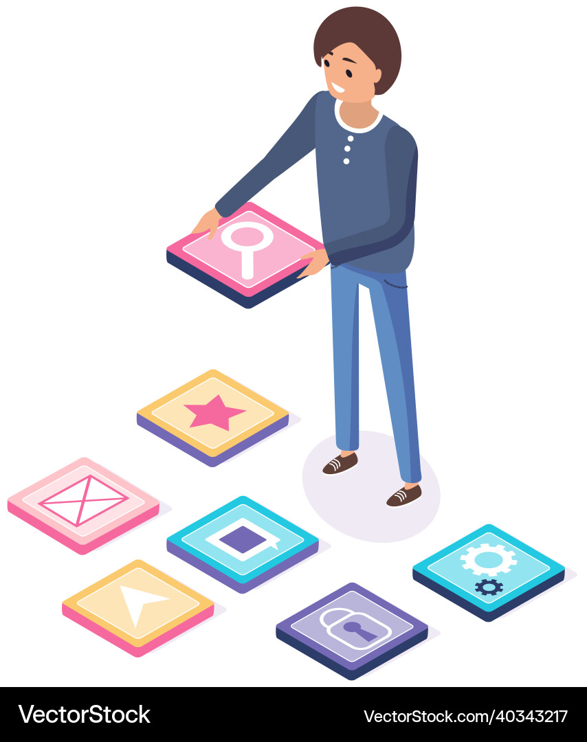 Man stands next to icons of mobile applications Man stands next to icons of mobile applications vector image