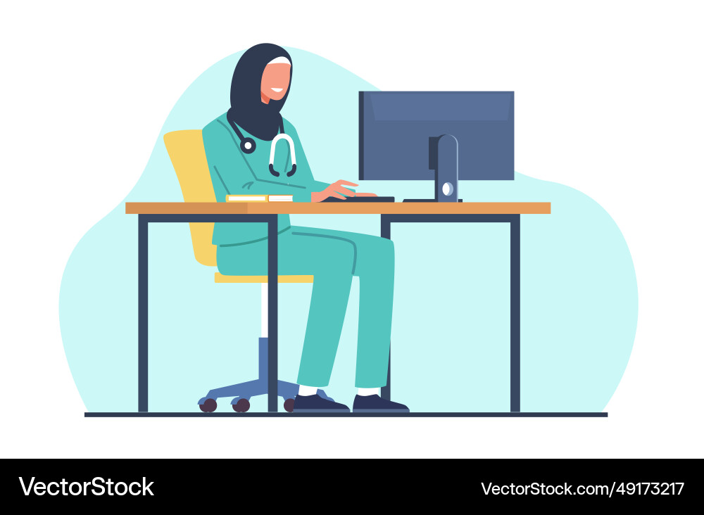 Muslim female doctor works on computer arab Muslim female doctor works on computer arab vector image