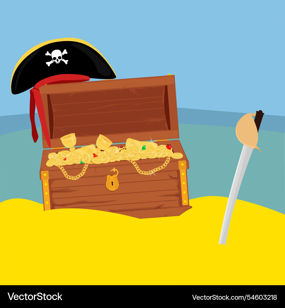 Alte Schatz Piraten Brust am Strand Hut Alte Schatz Piraten Brust am Strand Hut vektorbild