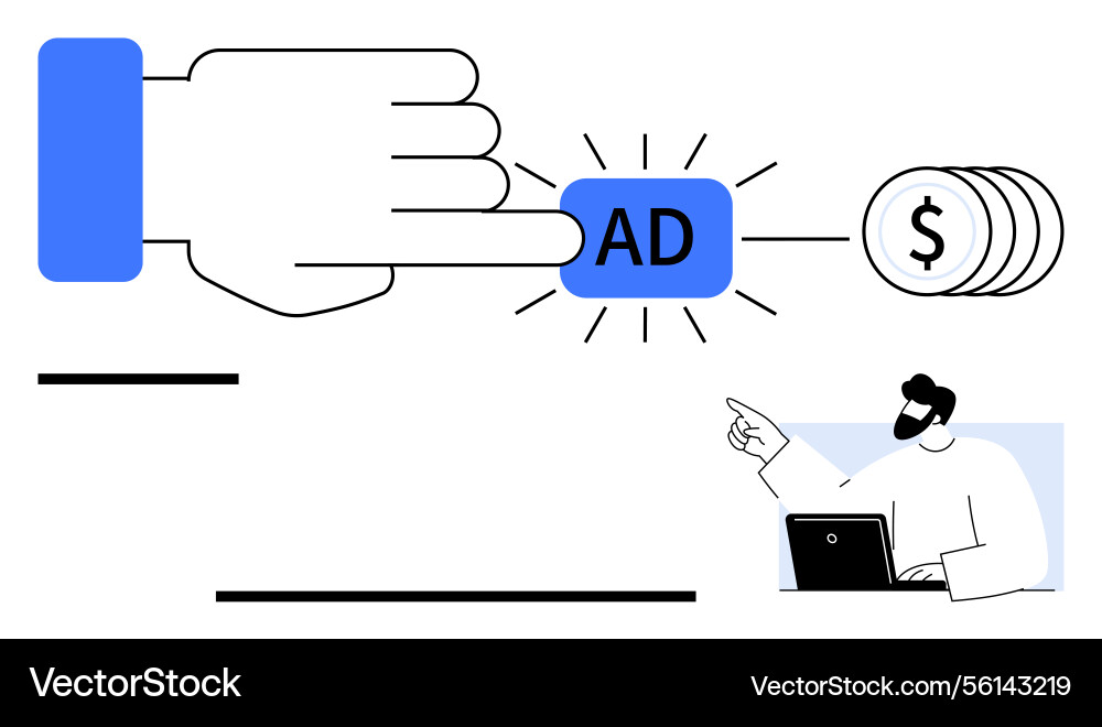 Digital hand clicking ad button with currency Digital hand clicking ad button with currency vector image