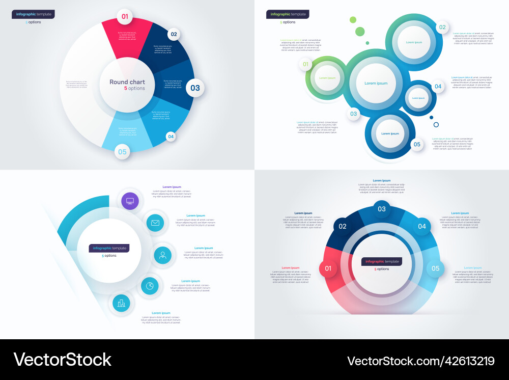 Fünf kreisförmige Infografikvorlagen Vektorbild