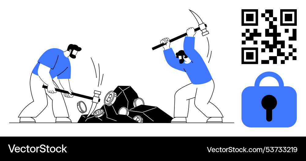 Two men mining with tools next to qr code and lock Two men mining with tools next to qr code and lock vector image