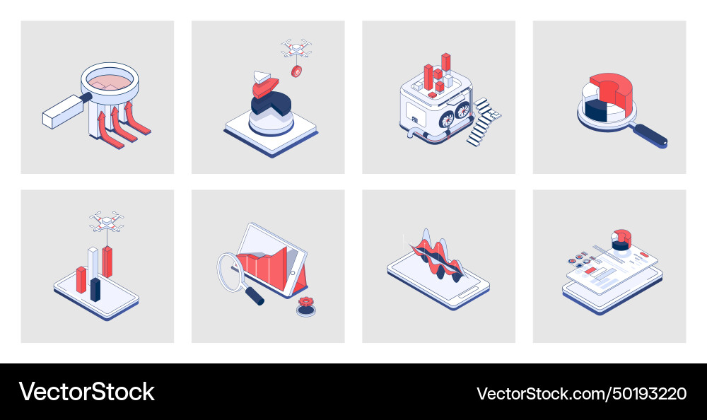 Data analysis concept of isometric icons in 3d Data analysis concept of isometric icons in 3d vector image