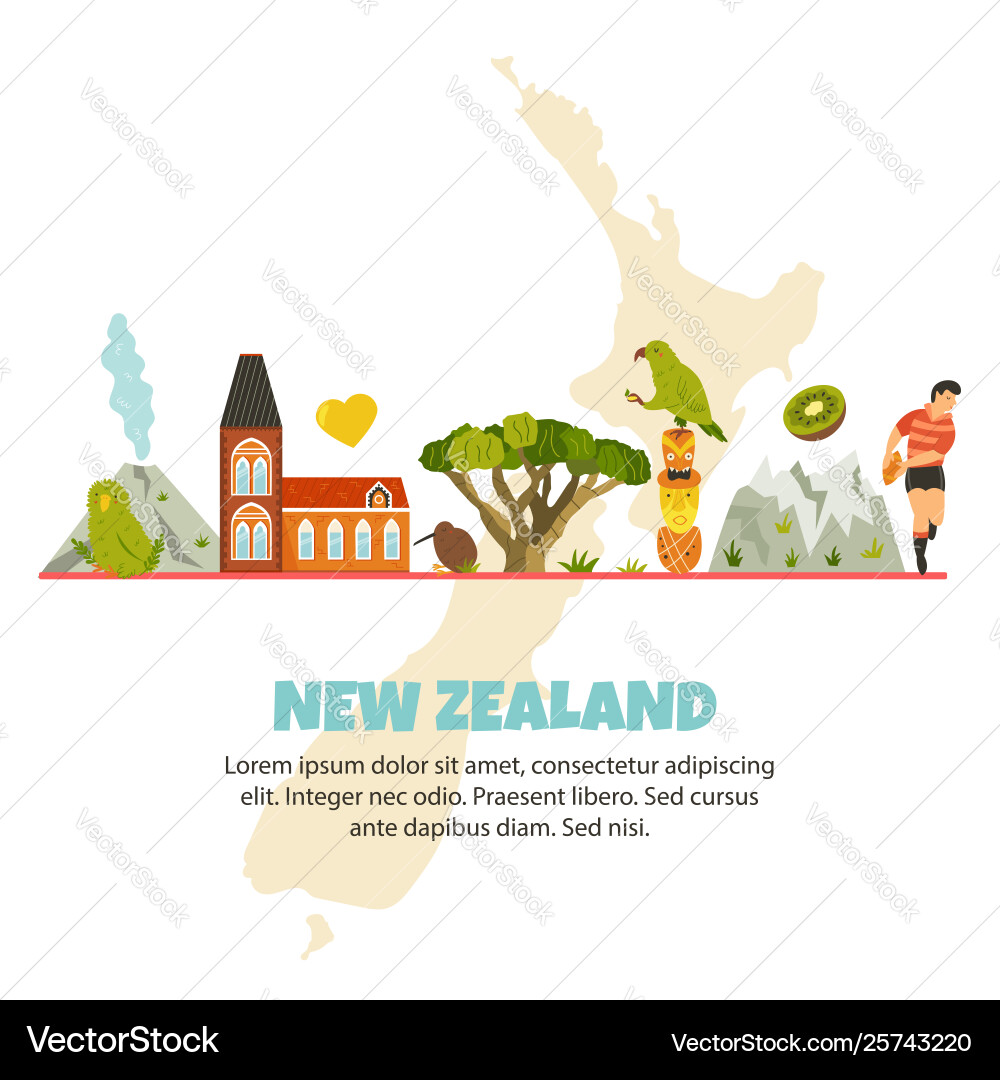 Neue Zealand Poster mit Symbolen Wahrzeichen Neue Zealand Poster mit Symbolen Wahrzeichen vektorbild