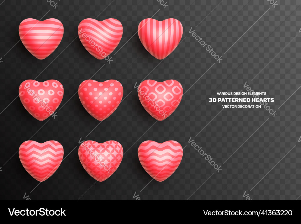 Realistic 3d various patterned red heart set Realistic 3d various patterned red heart set vector image