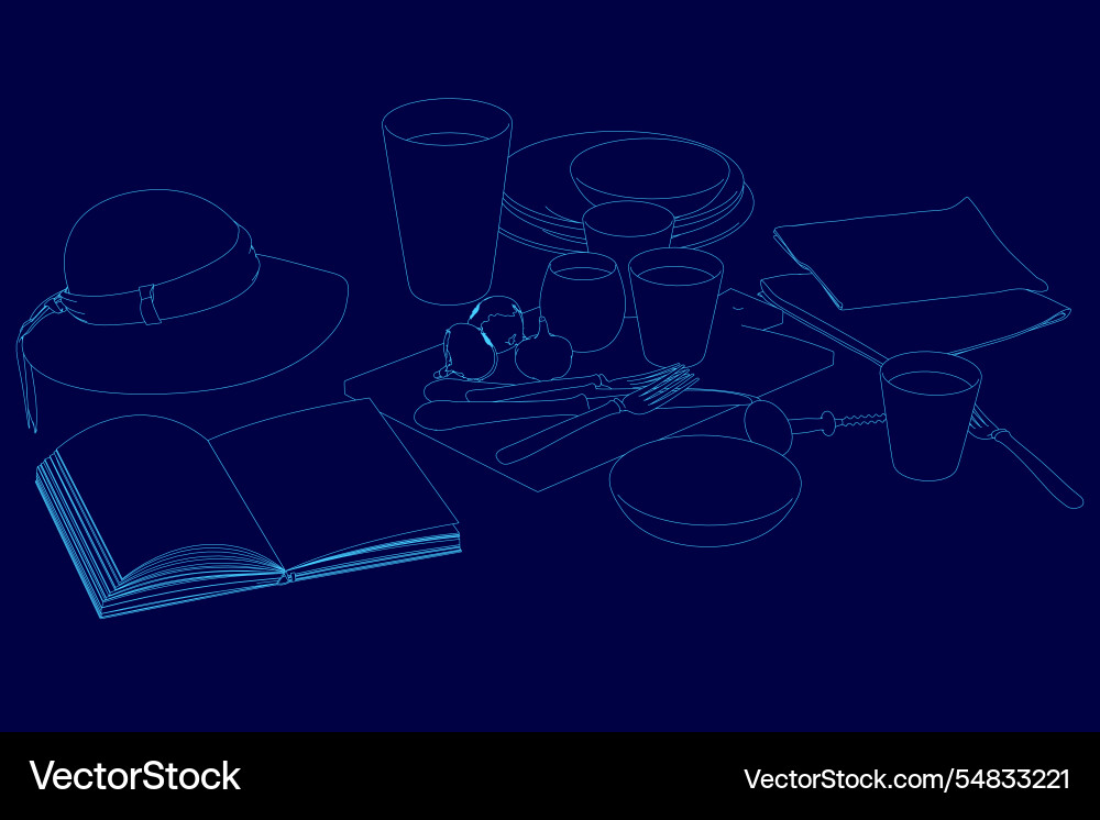 Blue background with various items such as a hat Vector Image