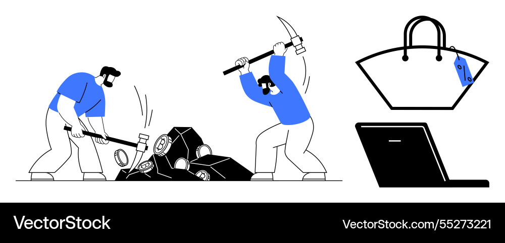 Manual laborers breaking rocks with tools next Manual laborers breaking rocks with tools next vector image