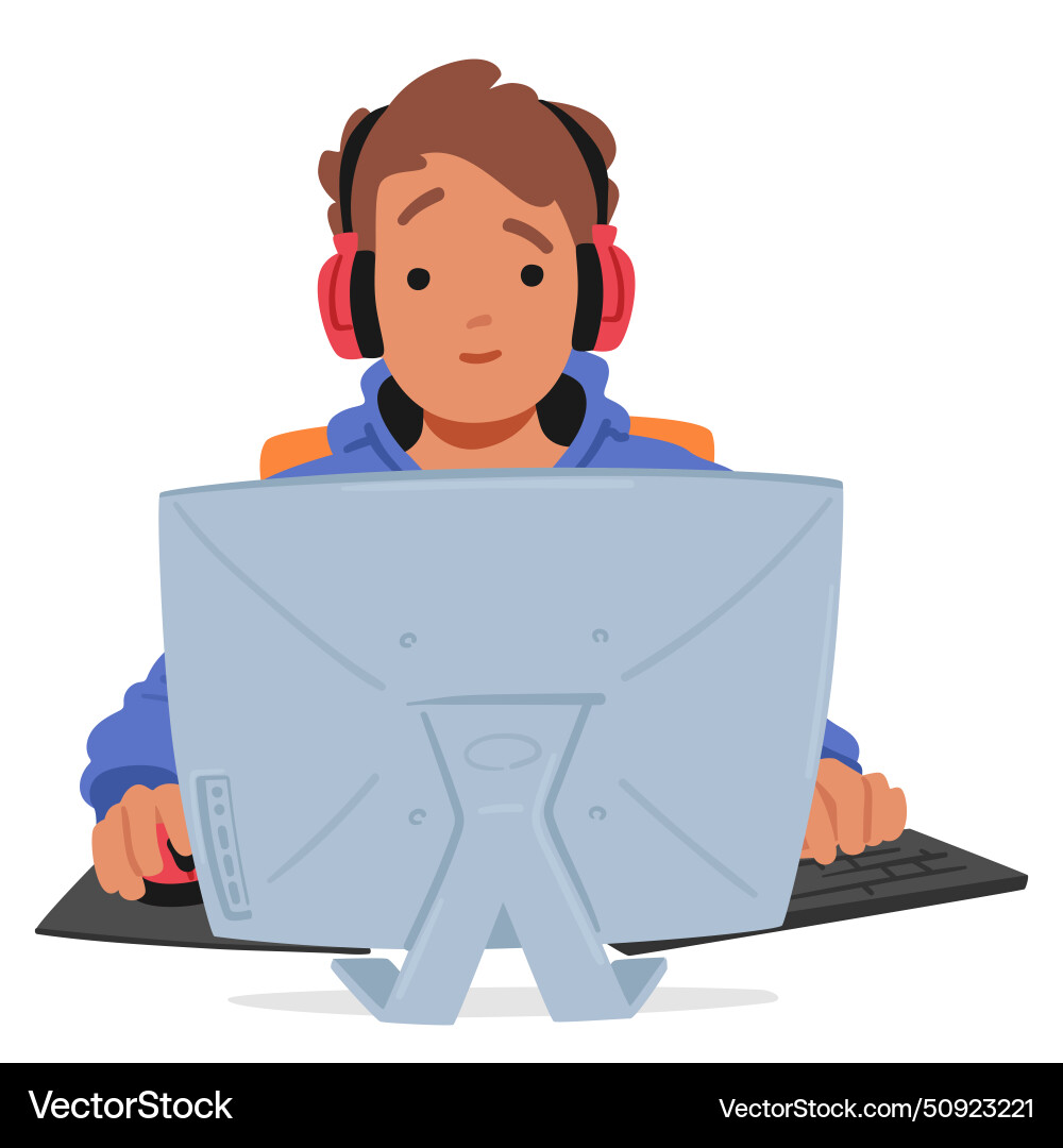 Teenager character in a headset navigates computer