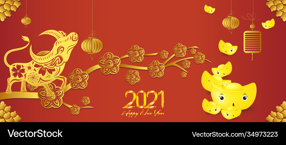 Chinese new year 2021 ox red and gold Chinese new year 2021 ox red and gold vector image