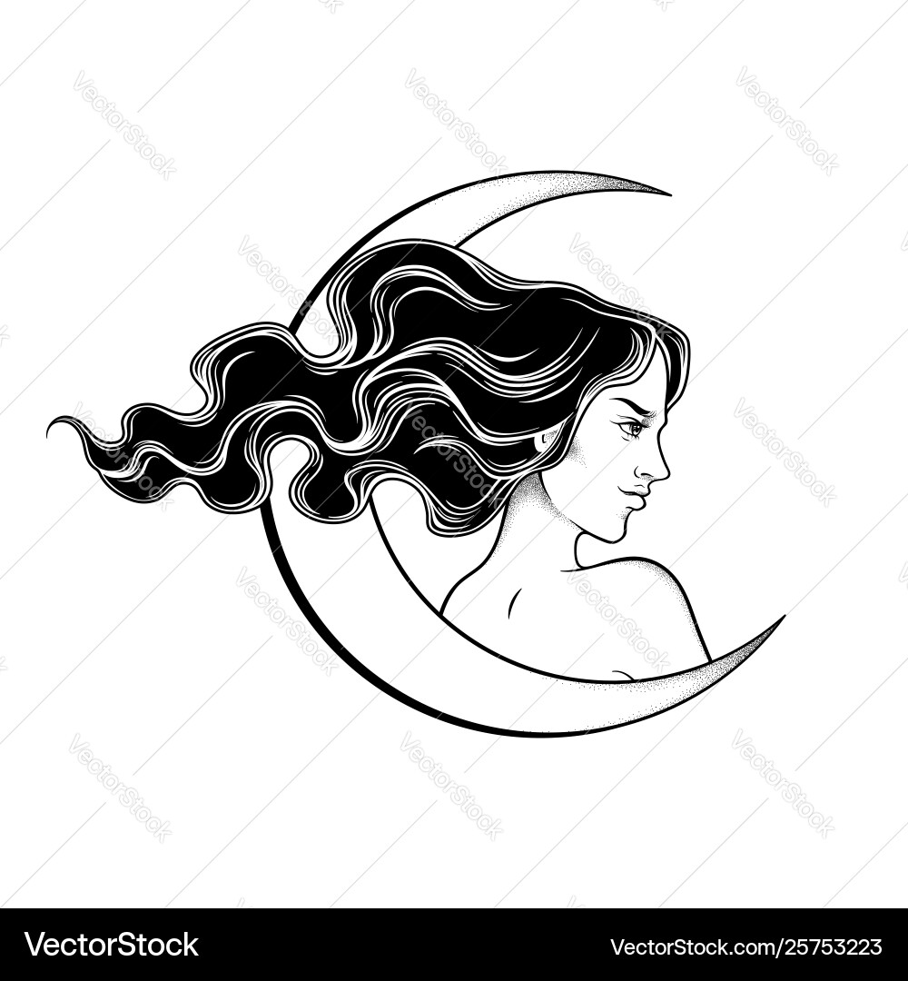 Schöne Brünette Hexe und Mond Schöne Brünette Hexe und Mond vektorbild