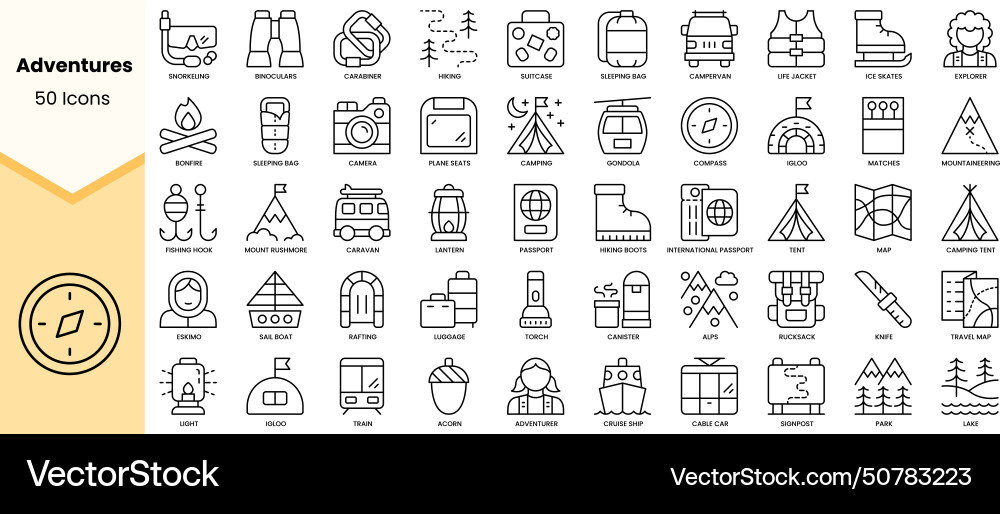 Set of adventures icons simple line art style Vector Image