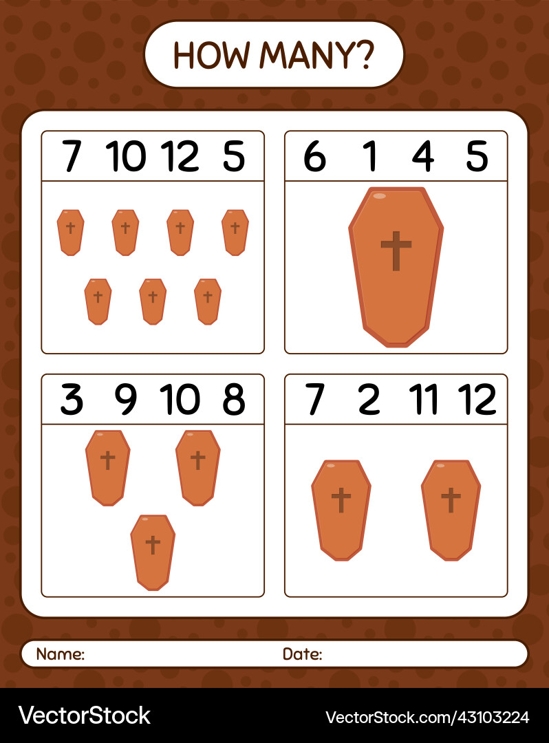 How many counting game with coffin worksheet How many counting game with coffin worksheet vector image