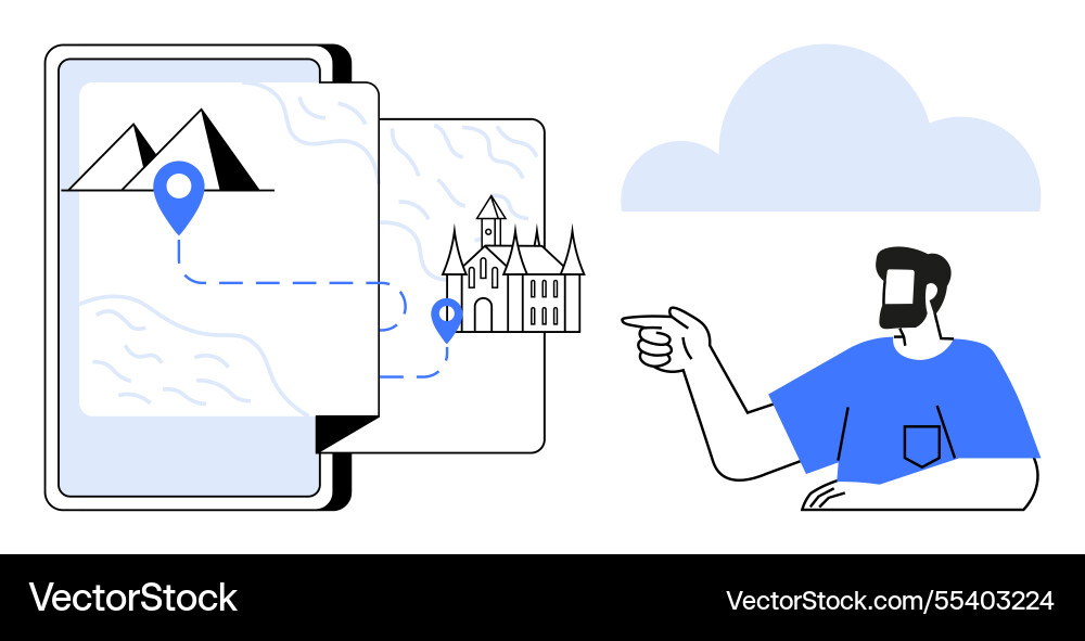 Navigating digital maps man planning journey from Navigating digital maps man planning journey from vector image