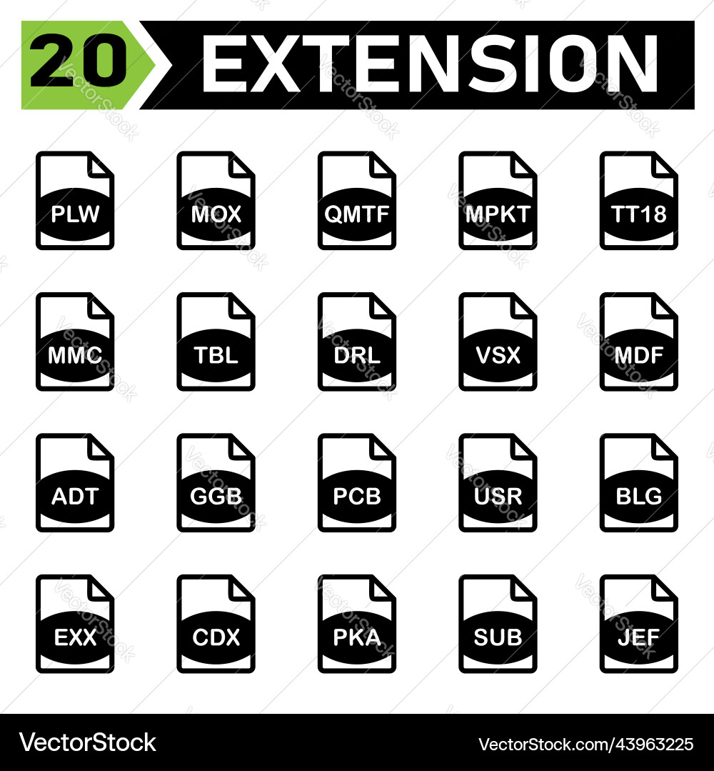 File extension icon include plw mox qmtf mpkt vector image