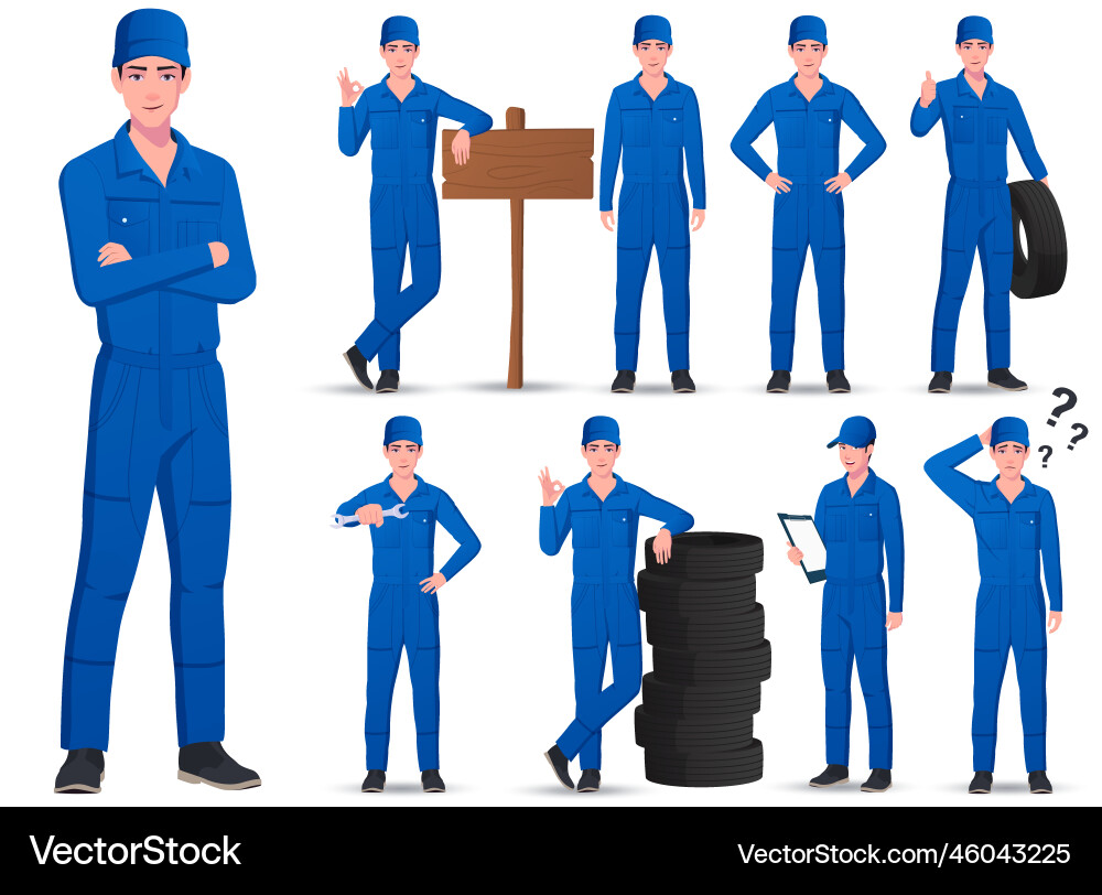 Mechanic character set mechanical engineer Mechanic character set mechanical engineer Vector Image