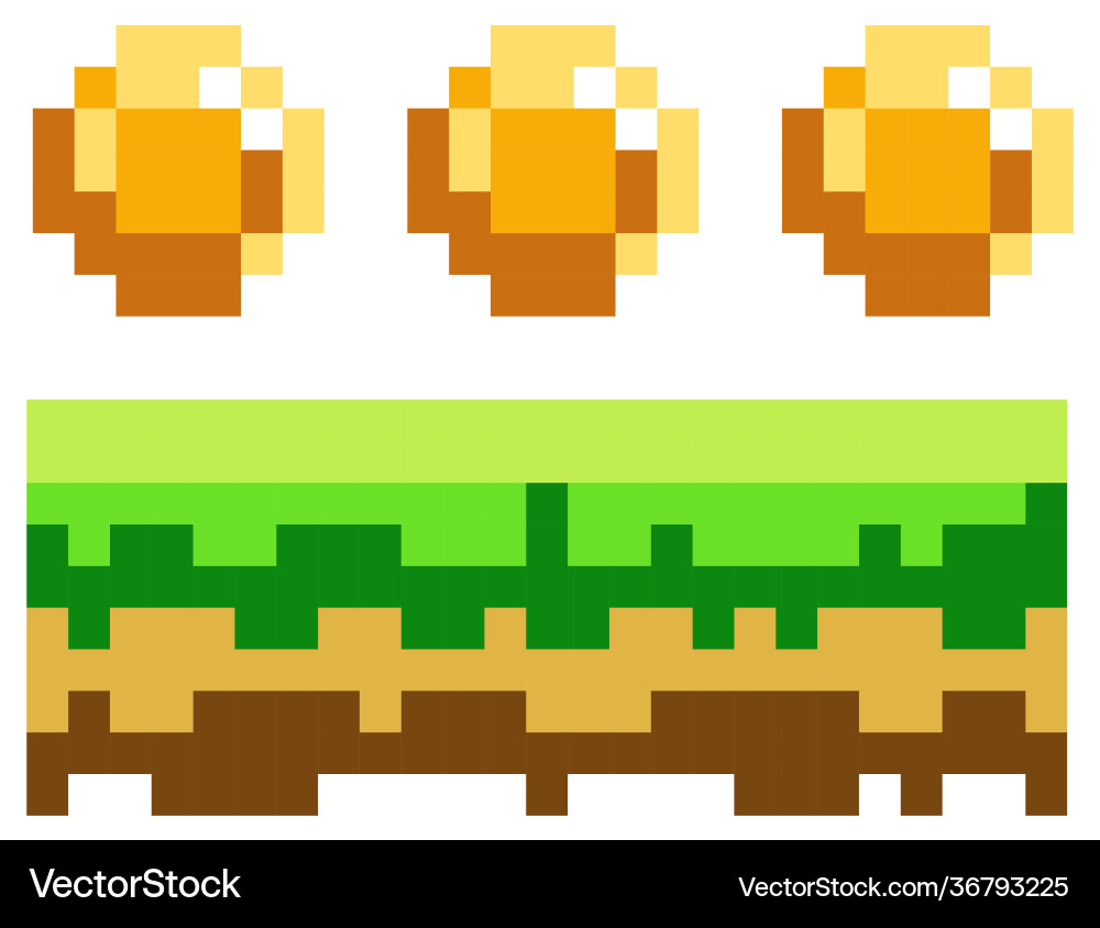 Pixel-game background with coins in sky pixel Pixel-game background with coins in sky pixel Vector Image