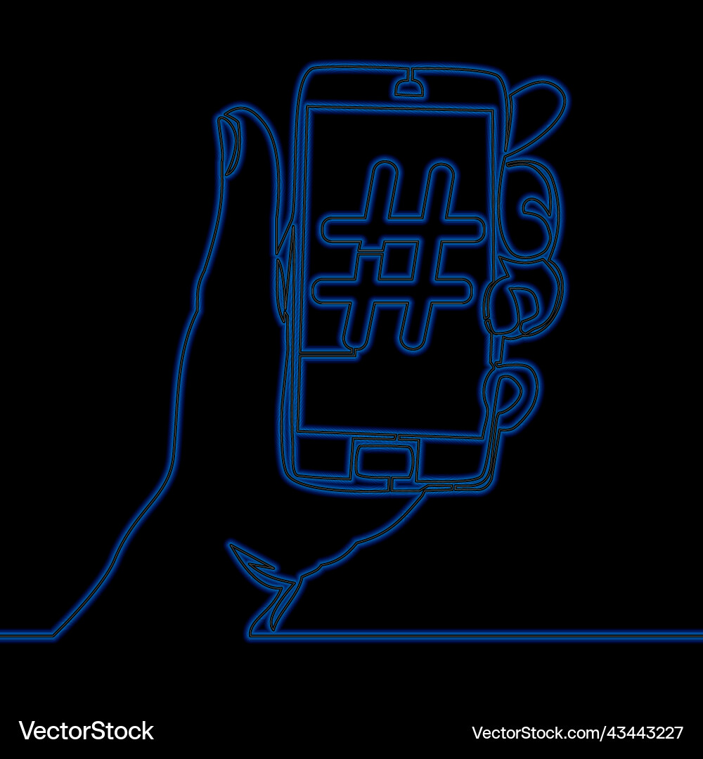 Continuous line phone showing a hash tag neon Vector Image