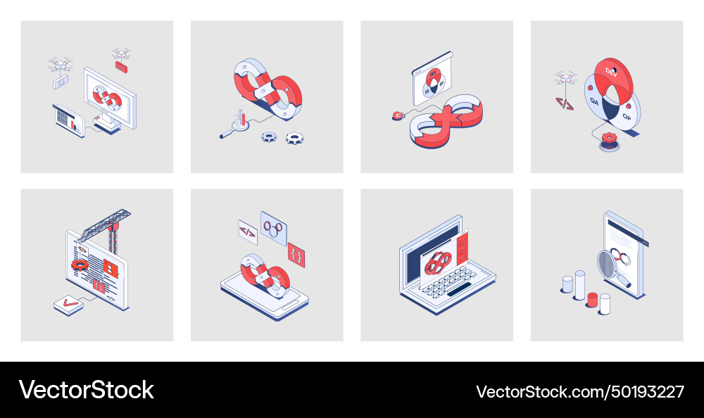 Devops concept of isometric icons in 3d isometry Devops concept of isometric icons in 3d isometry vector image