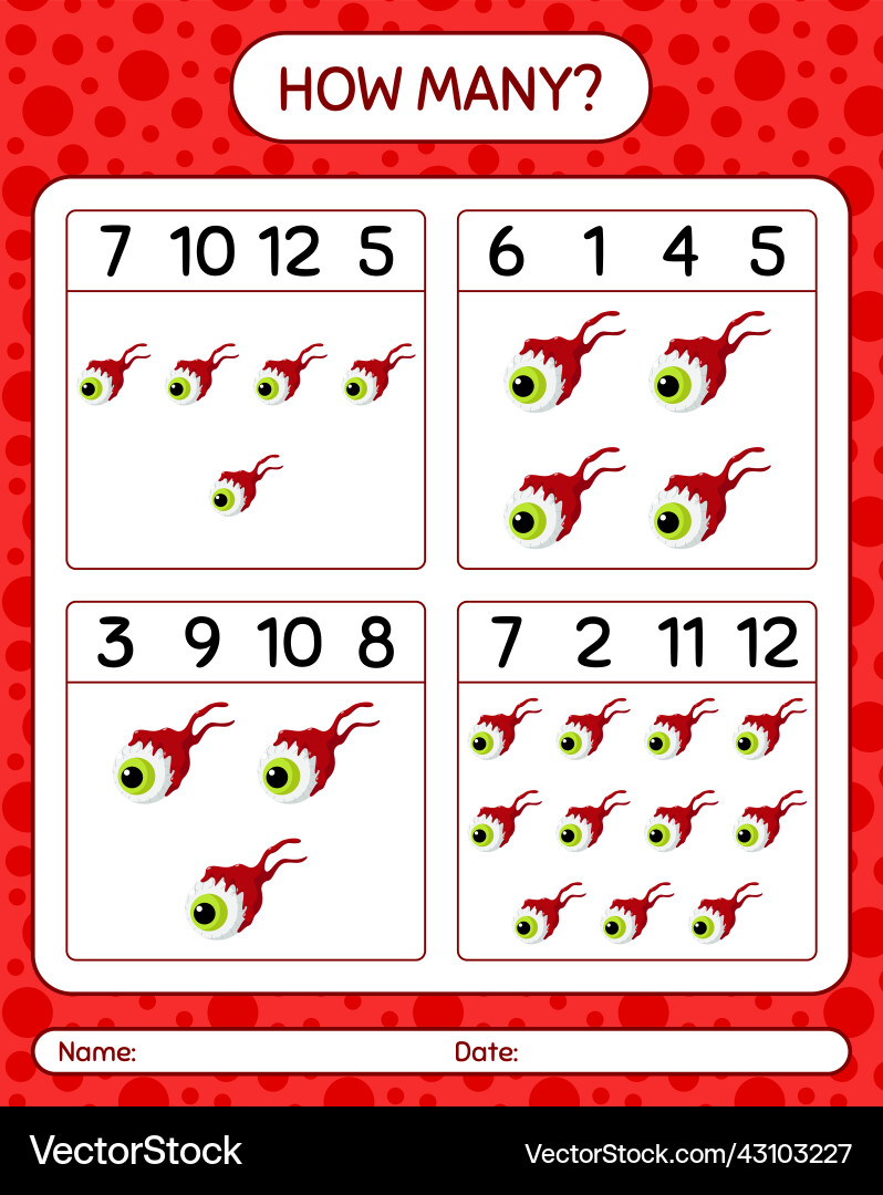 How many counting game with eyeball worksheet How many counting game with eyeball worksheet Vector Image