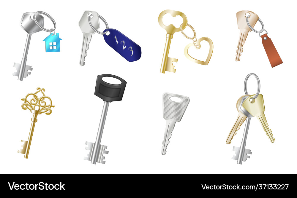 Set realistic keys with different keychains Set realistic keys with different keychains vector image