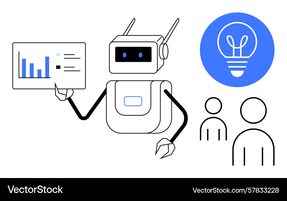 Robot presenting data to a group with light bulb Robot presenting data to a group with light bulb vector image