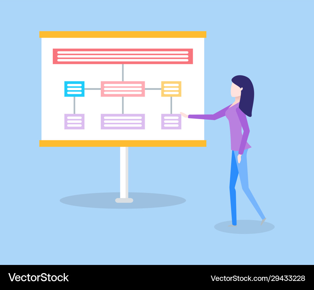 Worker showing poster with scheme flat Vector Image
