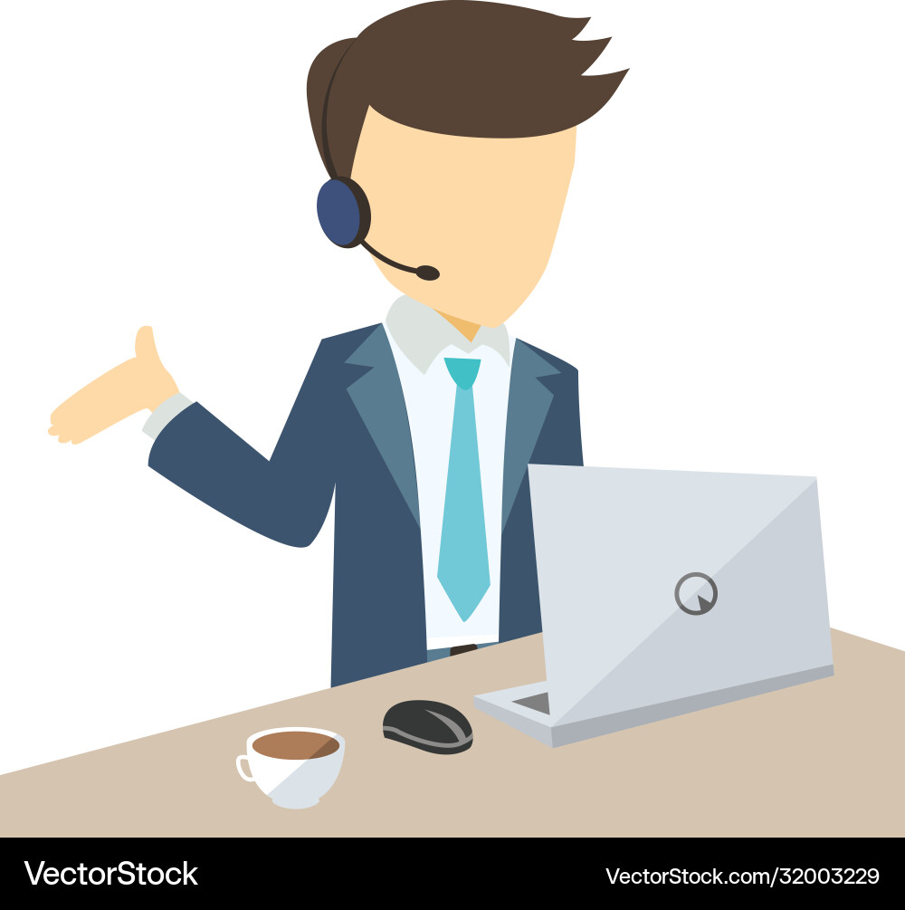 Call center agent with open hand palm laptop desk Vector Image