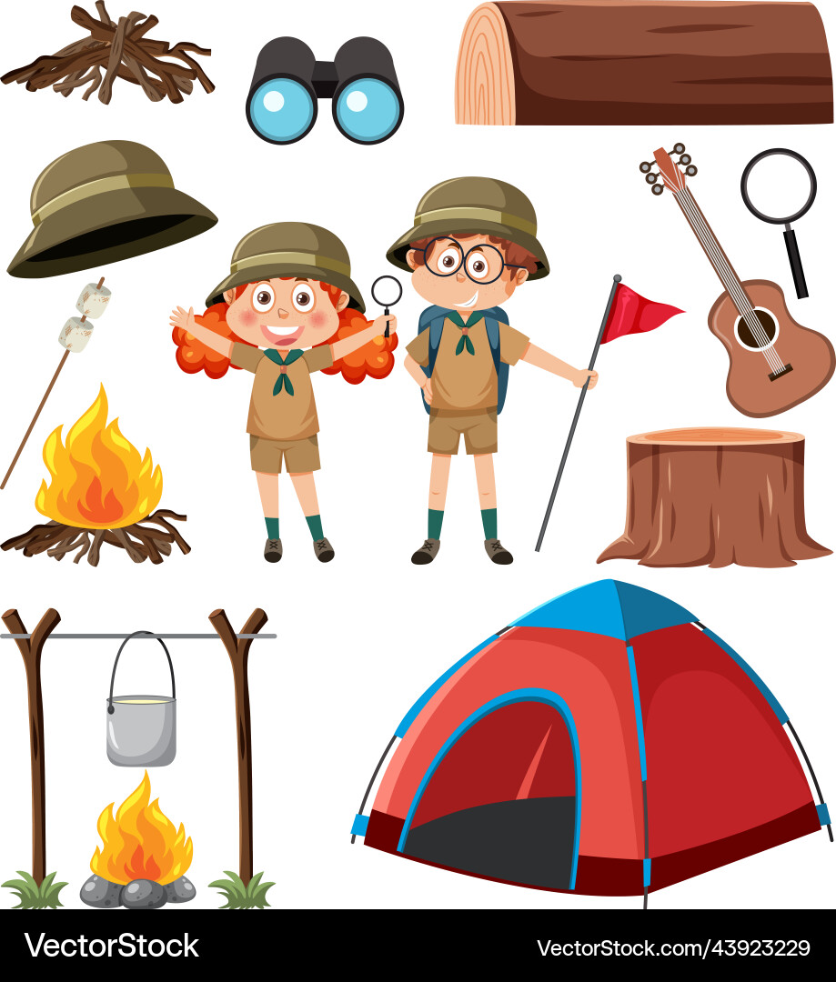 Camping objects and cartoon character set Camping objects and cartoon character set Vector Image