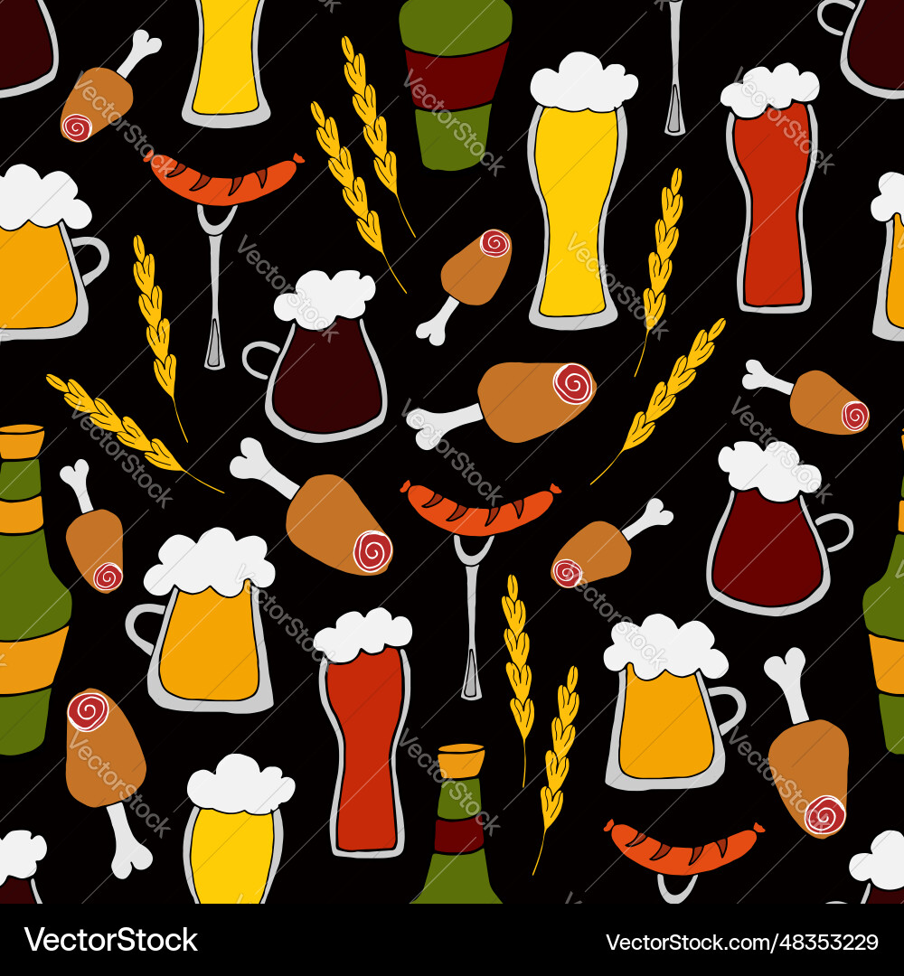 Pattern different types of beer with snacks vector image