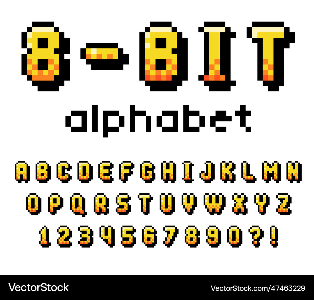 Pixel 8 bit font and alphabet letters numbers Pixel 8 bit font and alphabet letters numbers vector image