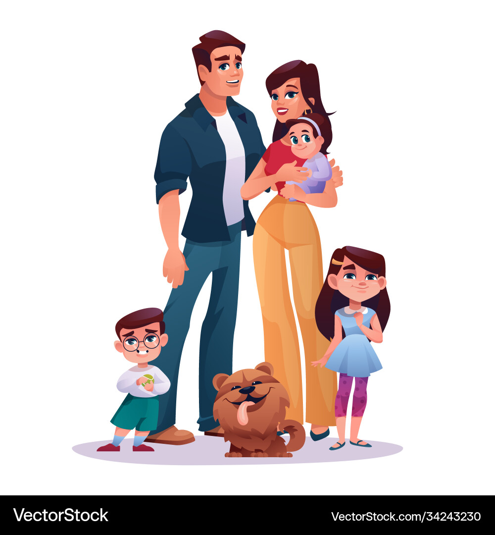 Family mother father two daughters and son dog Family mother father two daughters and son dog vector image