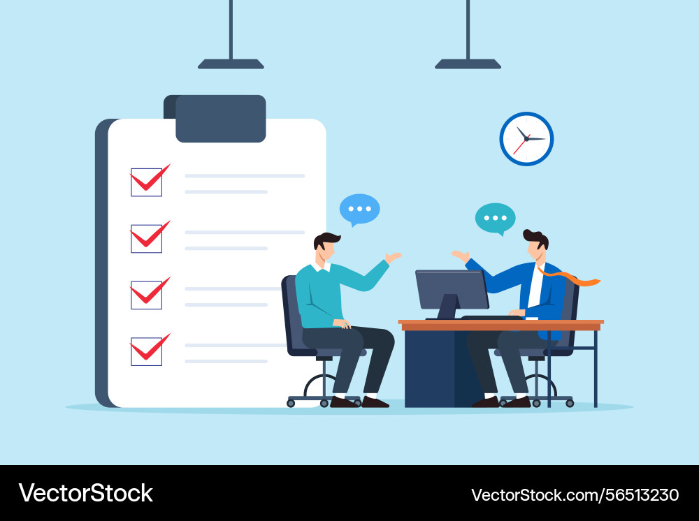 Flat of consultant discussing tasks with client Flat of consultant discussing tasks with client vector image