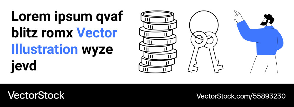 Man pointing at stacked coins and keys Man pointing at stacked coins and keys vector image