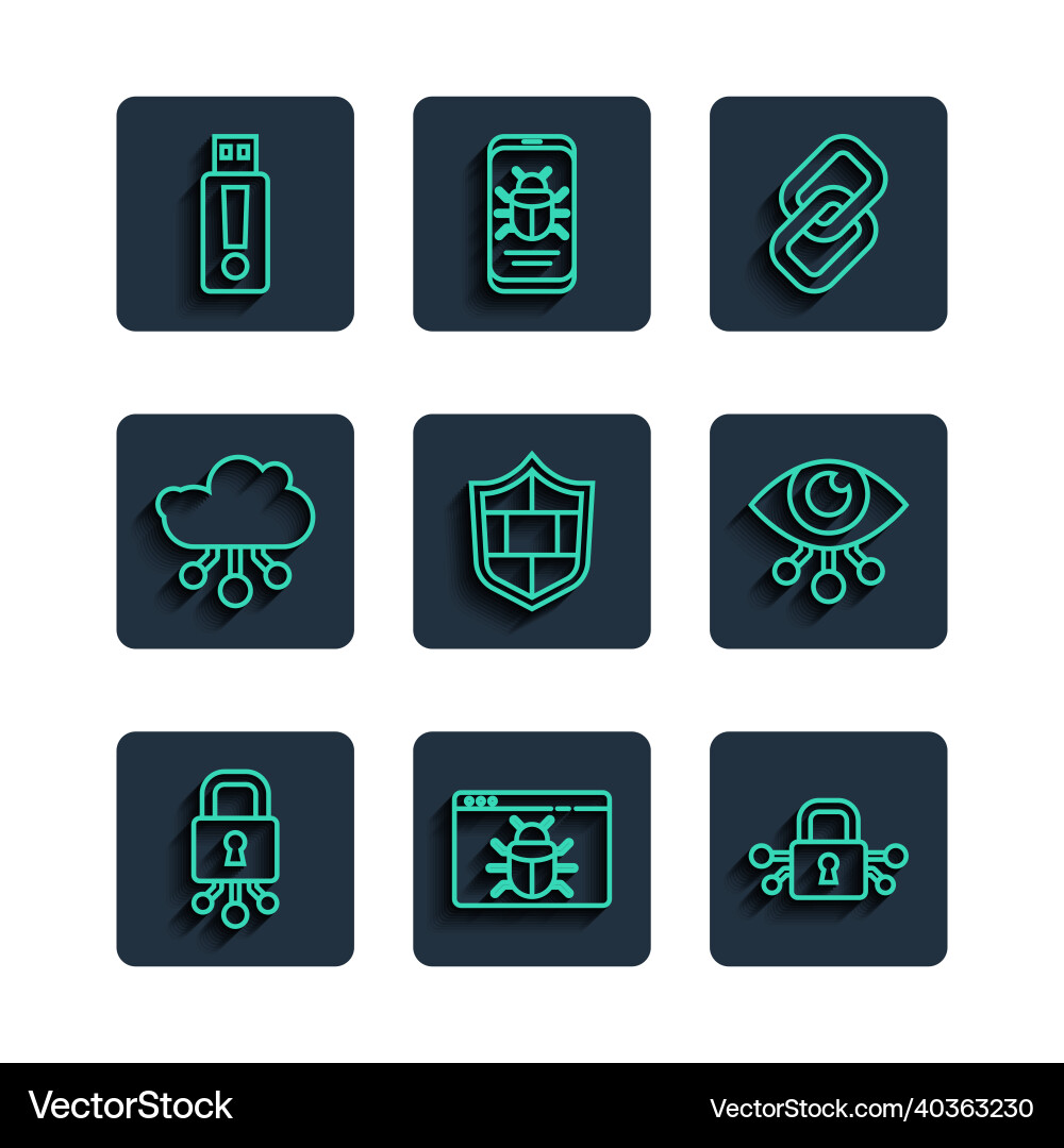 Set line cyber security system bug chain link Set line cyber security system bug chain link vector image