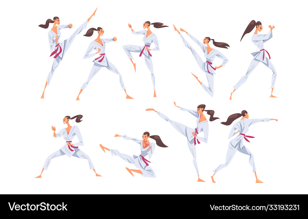Girl doing karate in various poses set female Girl doing karate in various poses set female vector image
