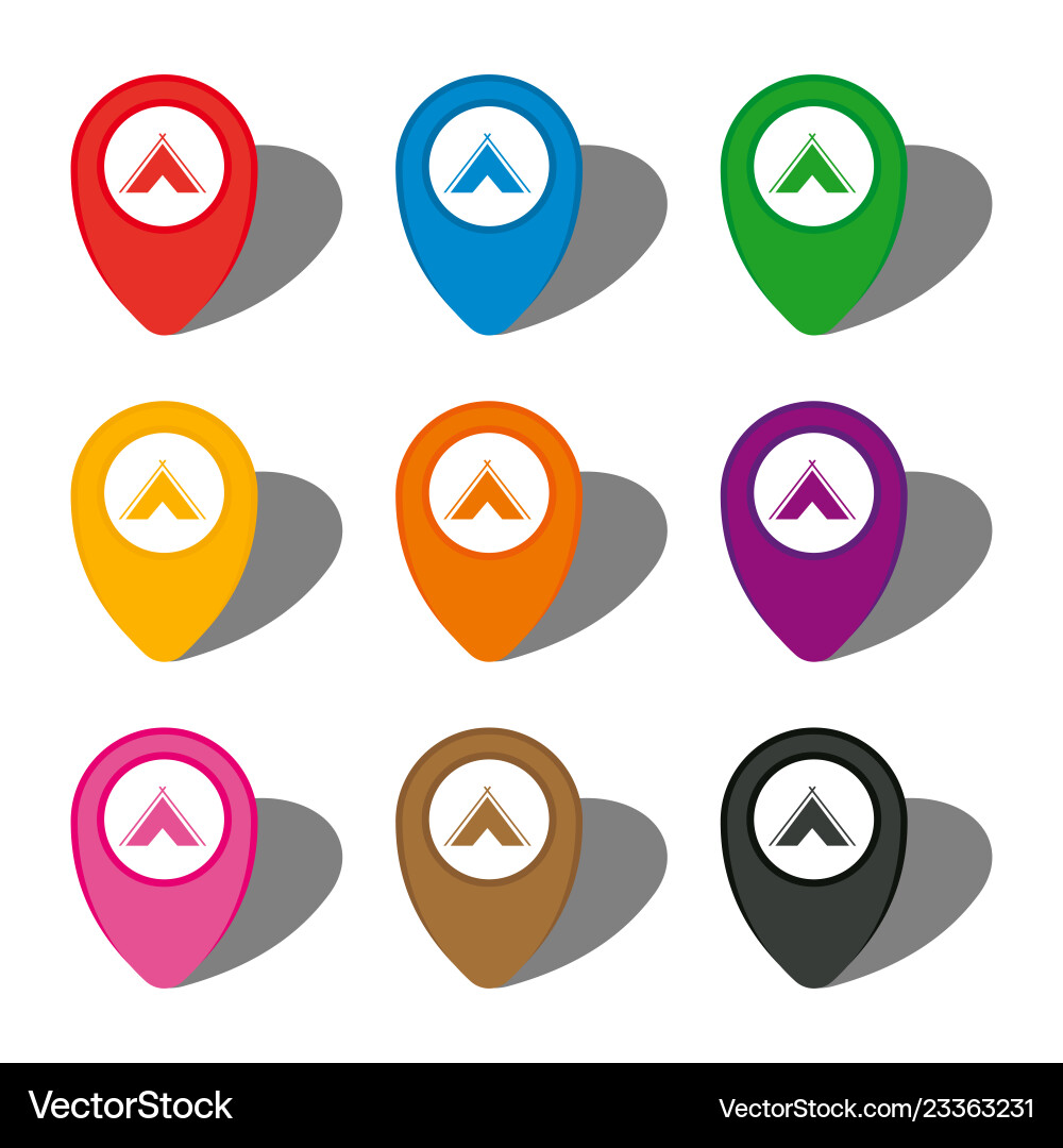 Nine colorful map pointers with campsite sign Nine colorful map pointers with campsite sign vector image