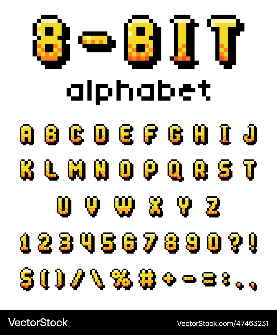 Pixel 8 bit font and alphabet letters numbers Pixel 8 bit font and alphabet letters numbers Vector Image