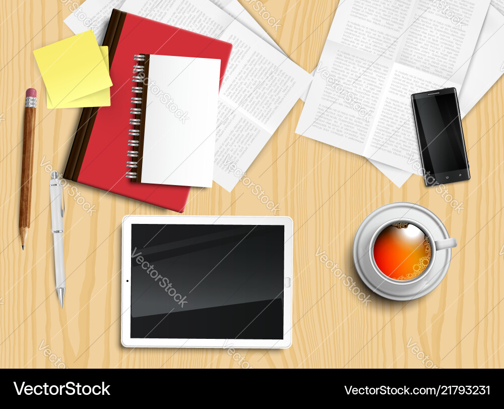 Realistic office desk with different objects Vector Image