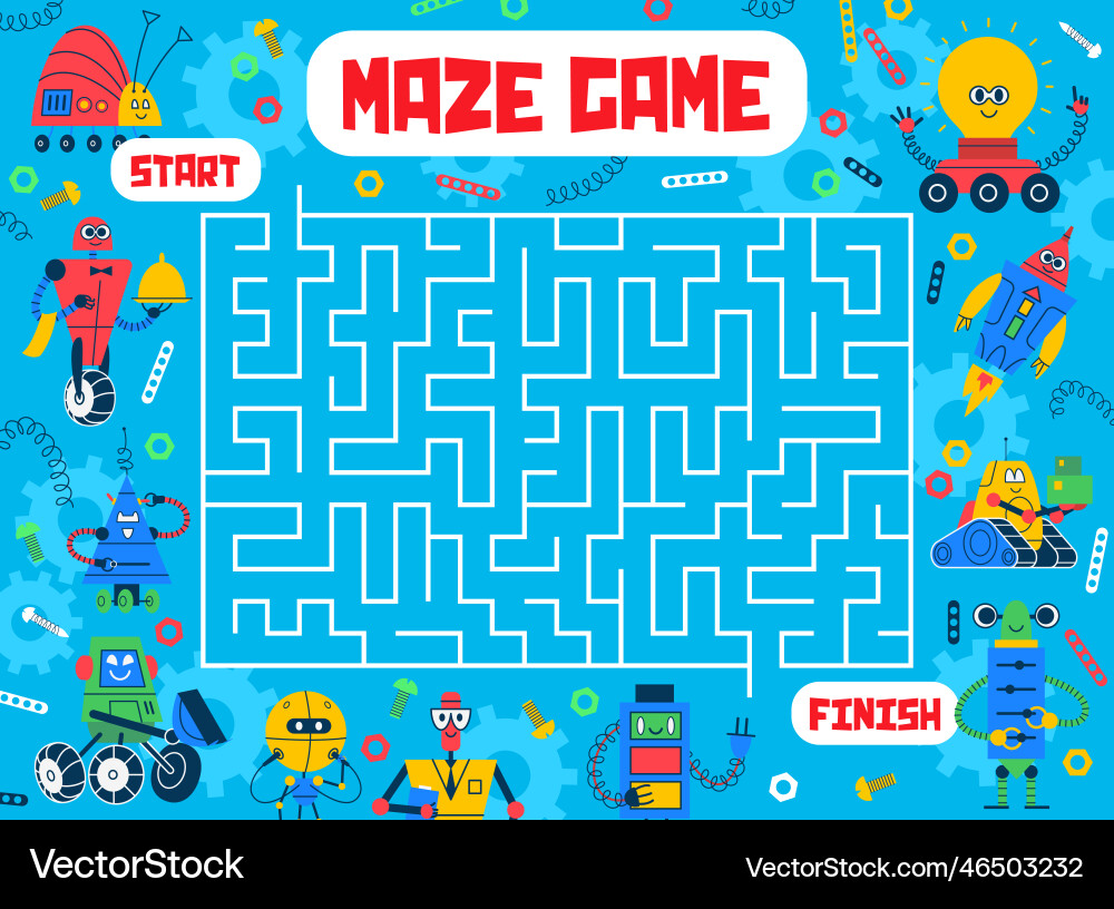 Labyrinth maze help robots and droids find exit Labyrinth maze help robots and droids find exit Vector Image