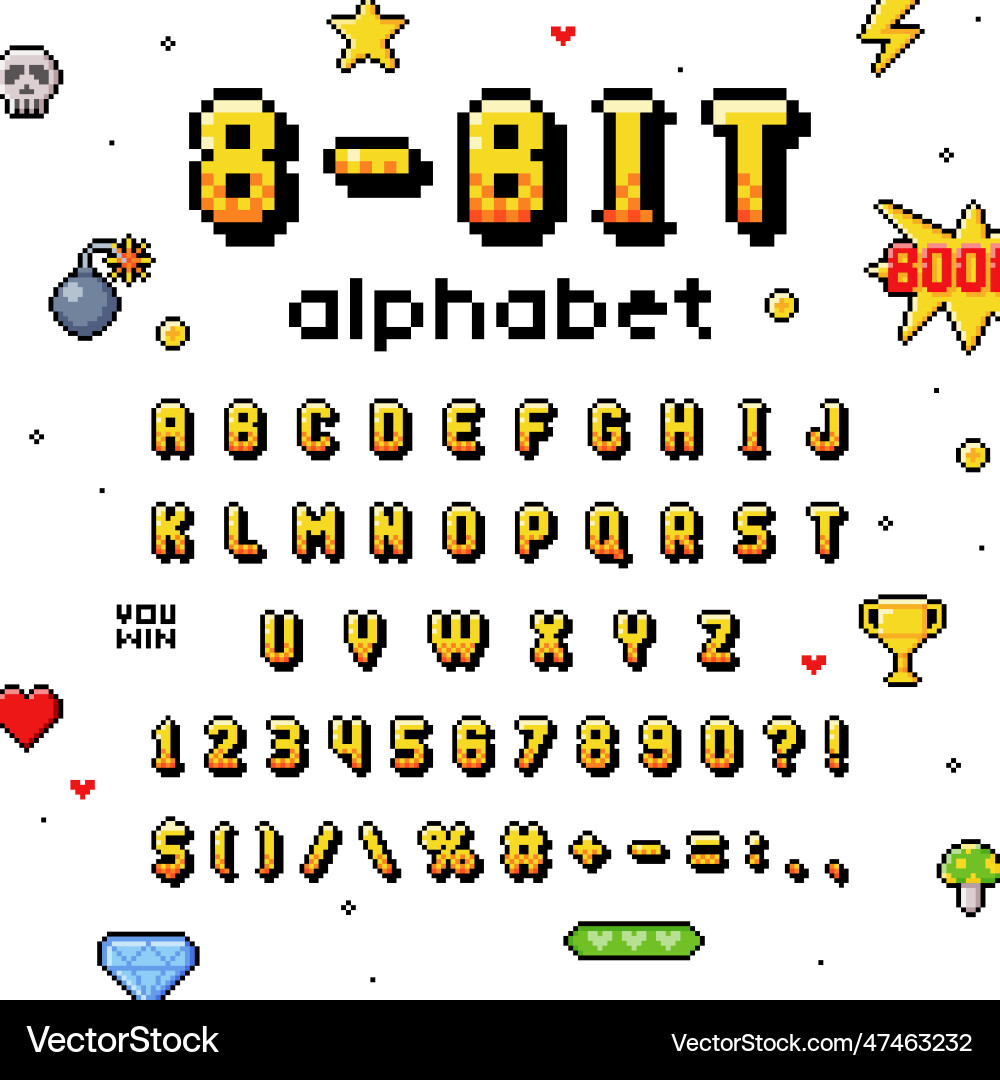 Pixel 8 bit font and alphabet letters numbers vector image
