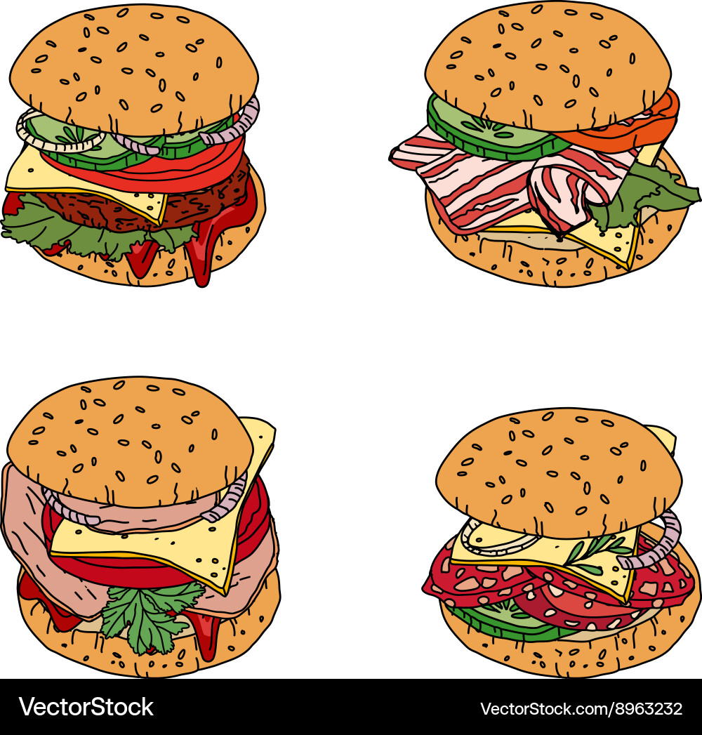 Set with different burgers objects isolated vector image