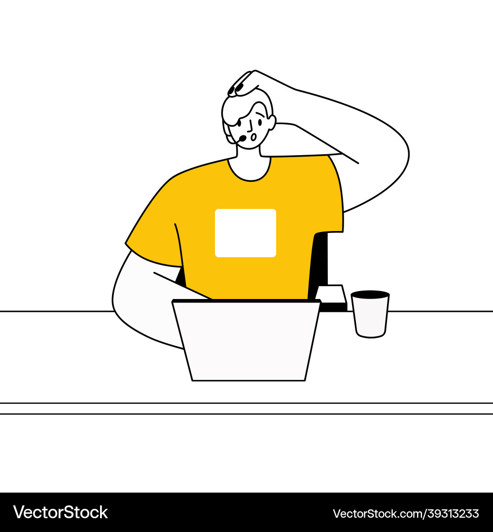 Call-center operator working with laptop Vector Image